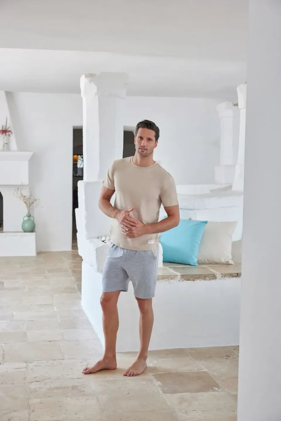 Rossoporpora Pigiama Cotone maglia+short uomo blu scuro traspirante