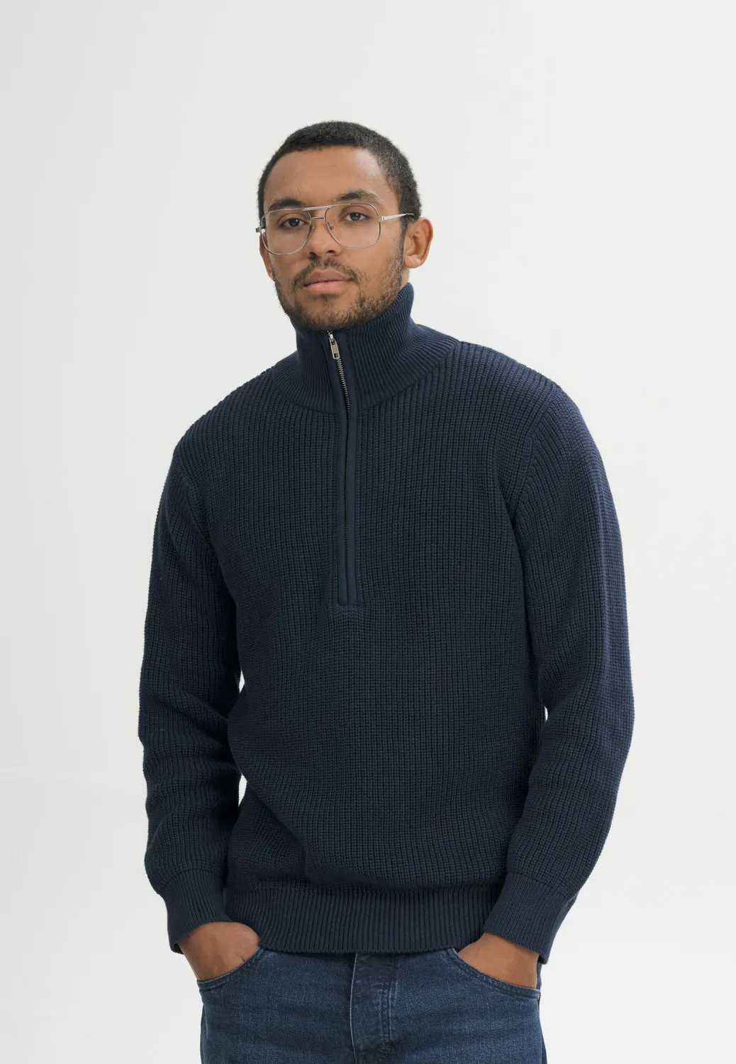 Casagin Maglione Uomo Cotone Biologico Collo Alto Zip Blu Regular