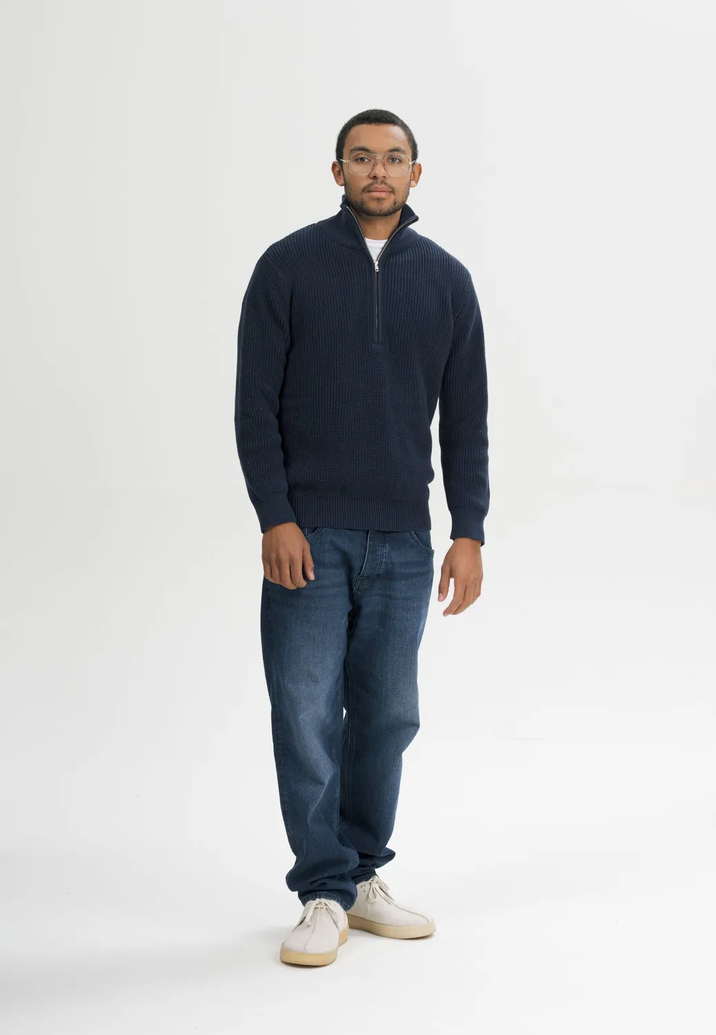 Casagin Maglione Uomo Cotone Biologico Collo Alto Zip Blu Regular