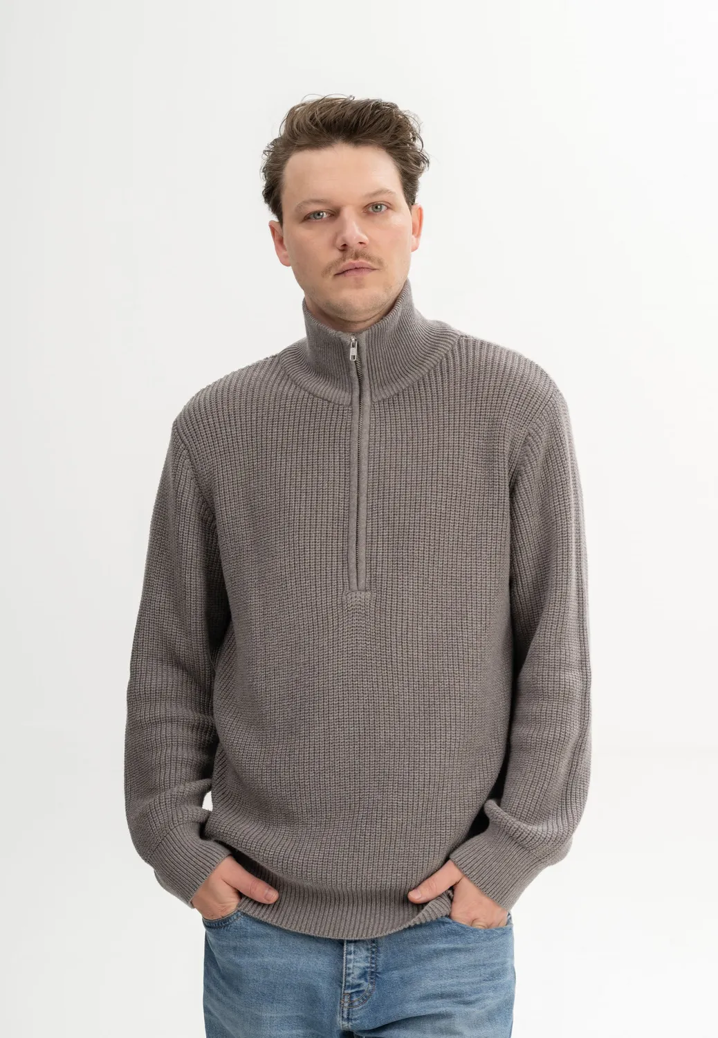Casagin Maglione Uomo Cotone Biologico Collo Alto Zip Blu Regular