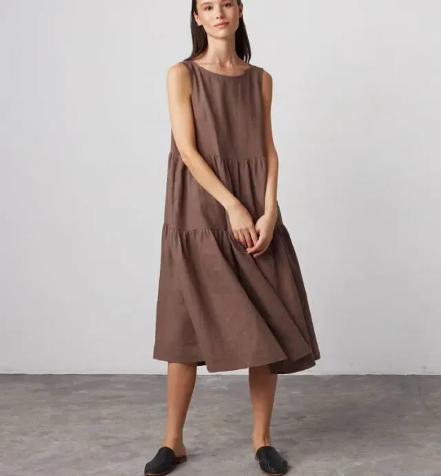Casagin Abito Midi Lino abito donna smanicato tasche marrone