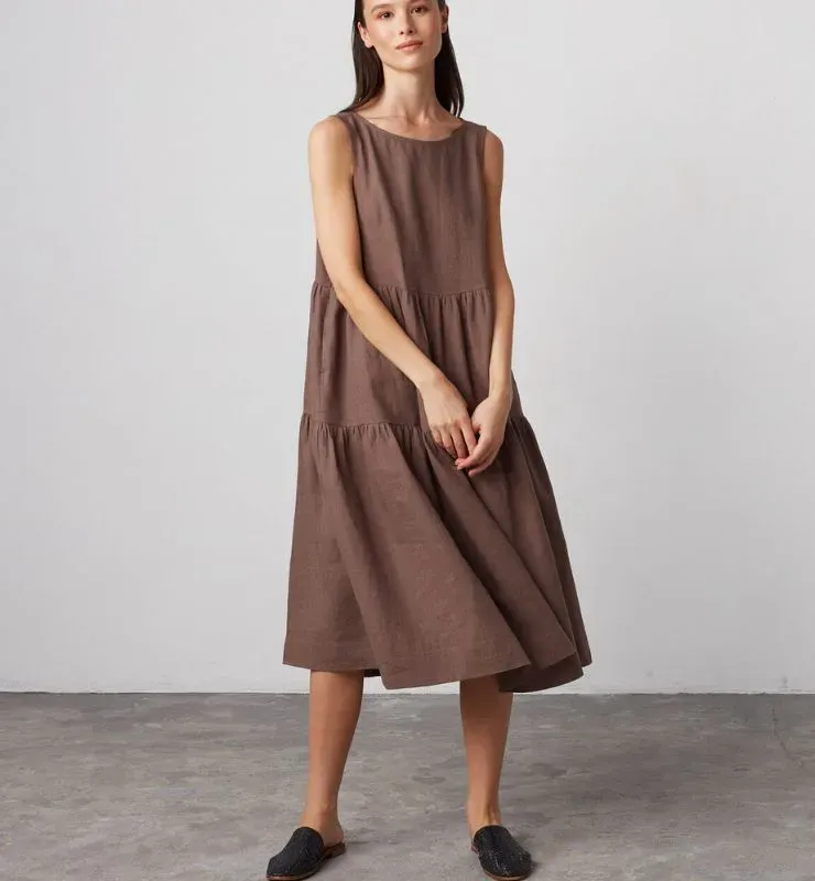 Casagin Abito Midi Lino abito donna smanicato tasche marrone