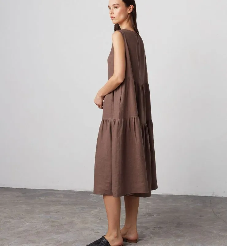 Casagin Abito Midi Lino abito donna smanicato tasche marrone