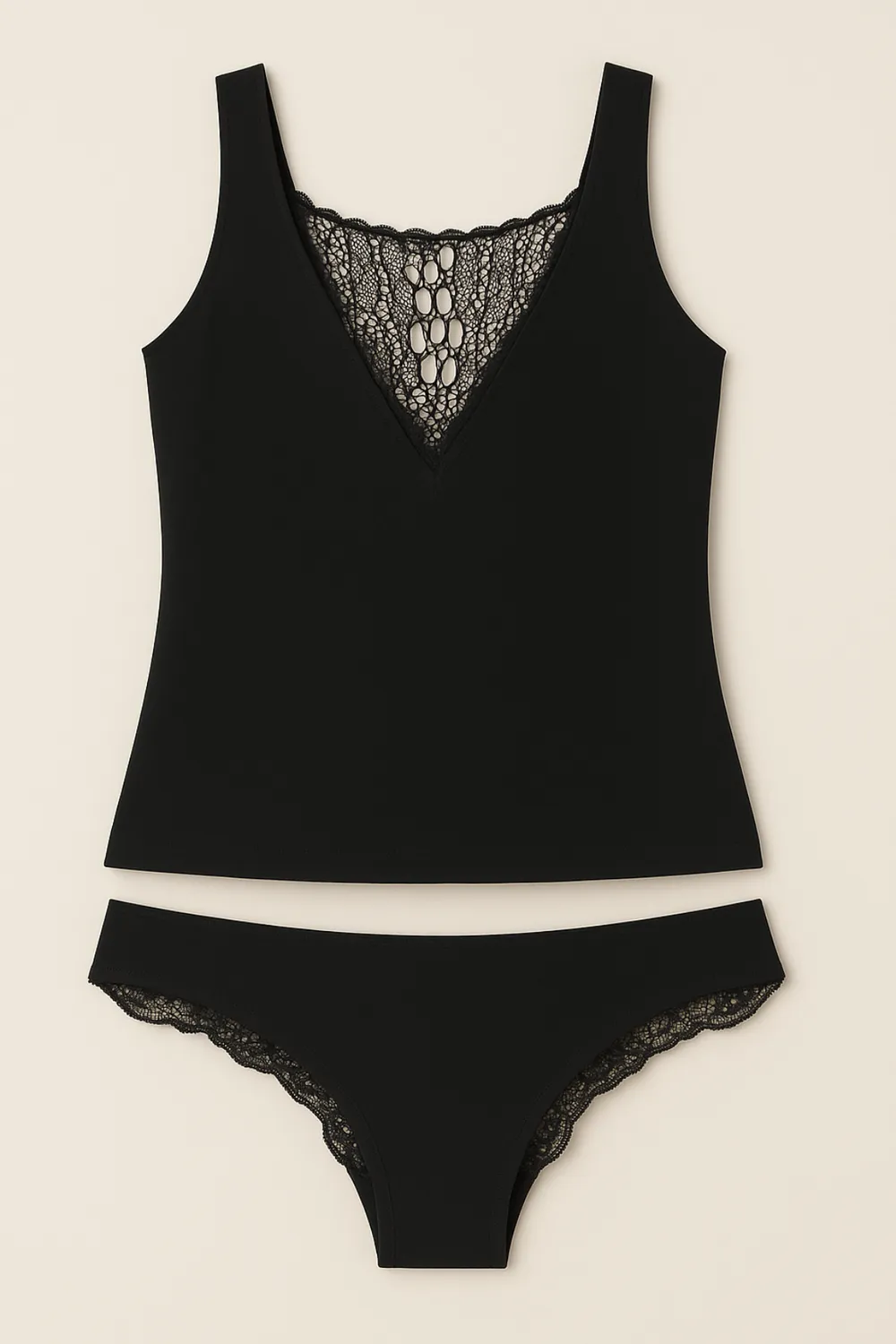 Rossoporpora coordinato pizzo completo intimo nero canotta+brasiliano