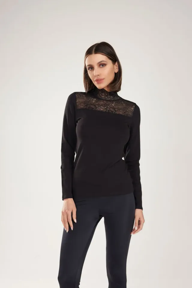 Rossoporpora Lupetto Cotone Pizzo Manica Lunga Nero