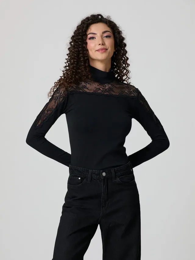 Jadea Basic 4465 dolcevita cotone pizzo manica lunga nera