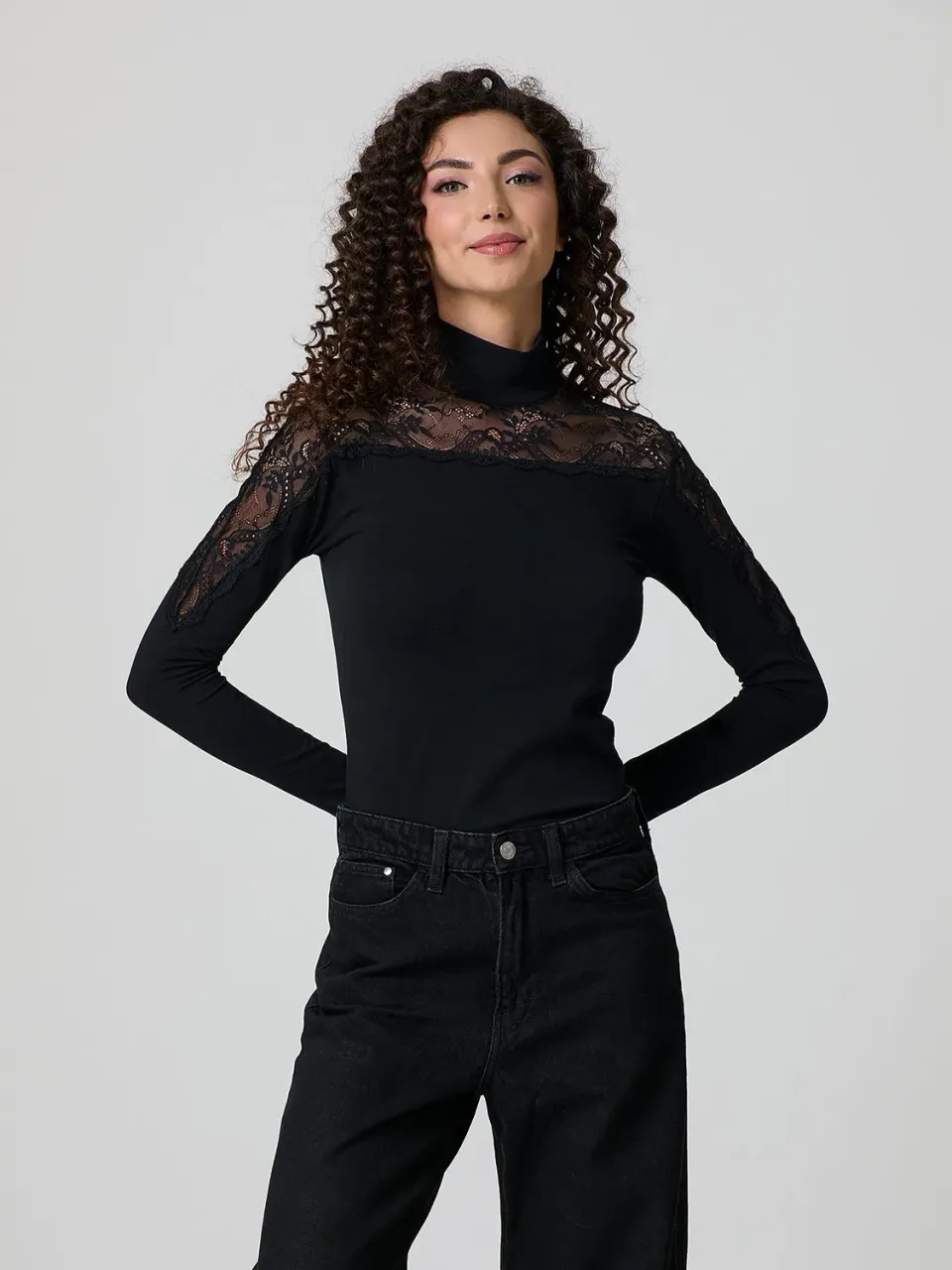Jadea Basic 4465 dolcevita cotone pizzo manica lunga nera