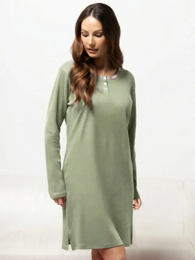 Si'èLei Clody CL26 Camicia da Notte Cotone Verde Salvia