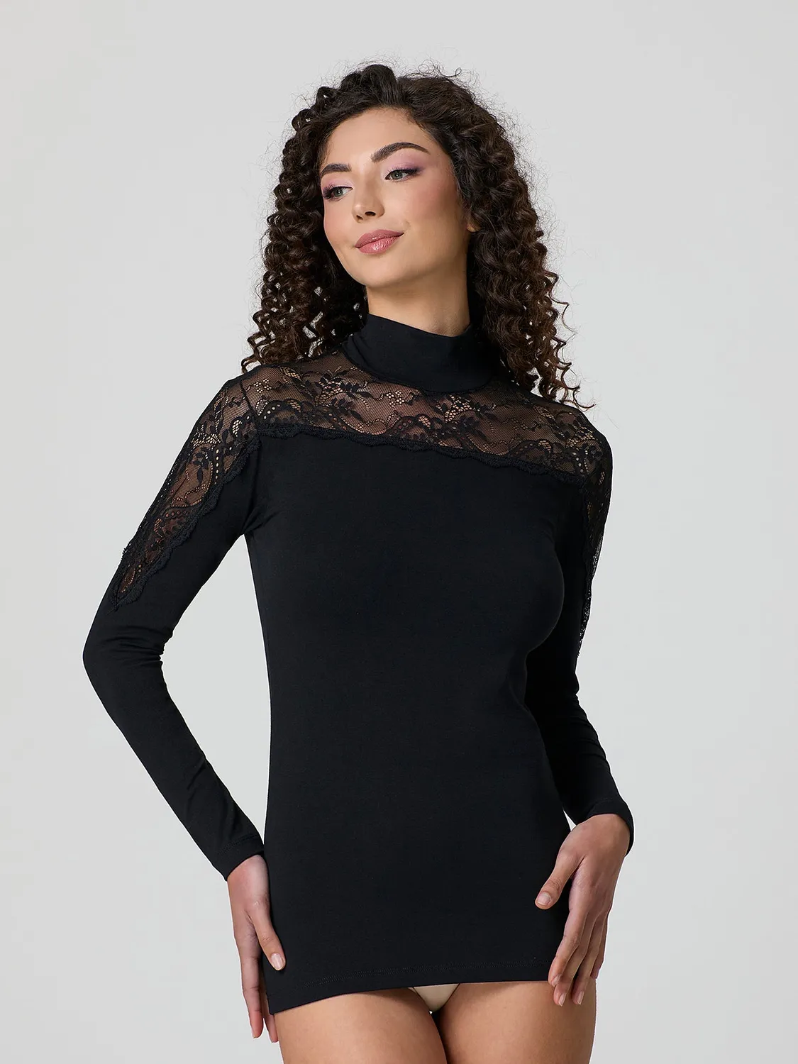 Jadea Basic 4465 dolcevita cotone pizzo manica lunga nera