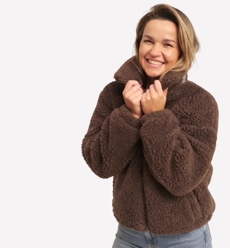 Casagin Oversize giacca pile cioccolato lana bio effetto montone