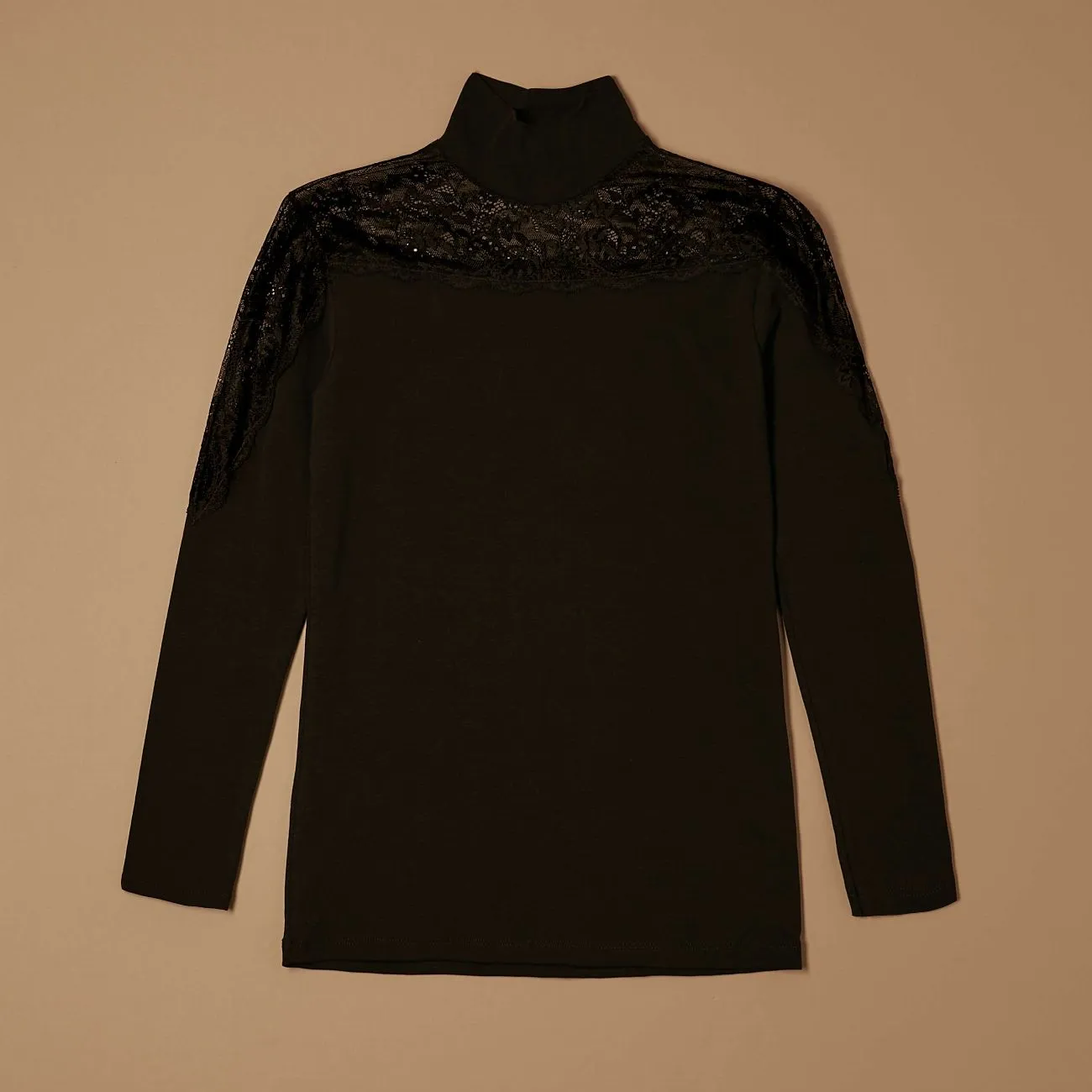Jadea Basic 4465 dolcevita cotone pizzo manica lunga nera